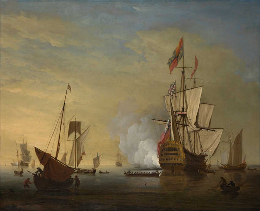 English Ship with Sails Loosened Firing a Gun by Peter Monamy 1696