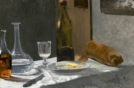 Still Life with Bottle, Carafe, Bread, and Wine (1862–1863) by Claude Monet.