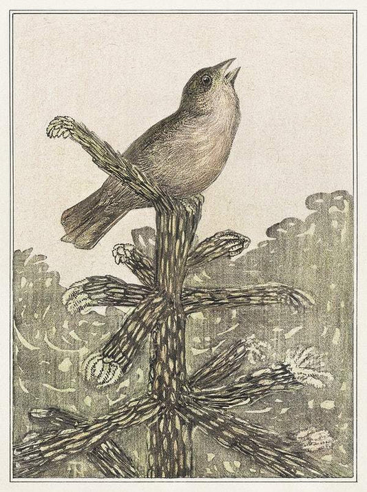 Zingende vogel op naaldboom (1878–1906) print in high resolution by Theo van Hoytema