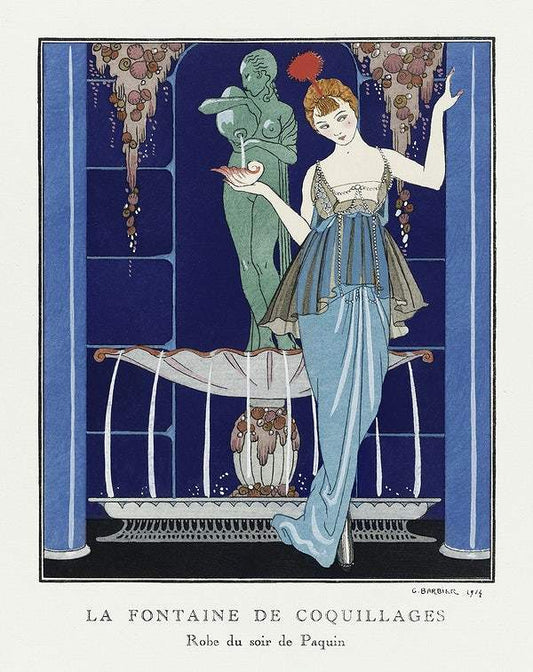 La Fontaine de coquillages: Robe du soir de Paquin (1914) fashion illustration by George Barbier
