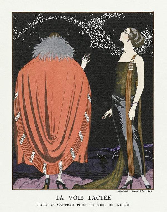 La voie lactée: Robe et manteau pour le soir, de Worth (1921) fashion illustration in high resolution by George Barbier