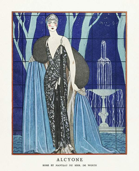 Alcyone / Robe et manteau du soir, de Worth (1923) fashion illustration in high resolution by George Barbier.
