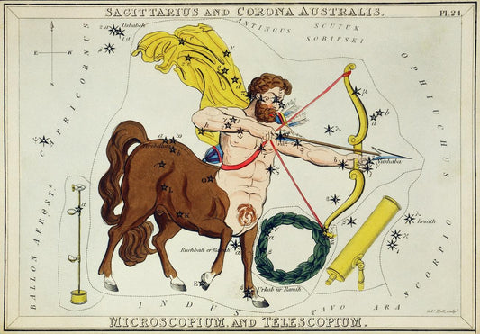Sidney Hall’s (?-1831) astronomical chart illustration of Sagittarius and Corona Australis