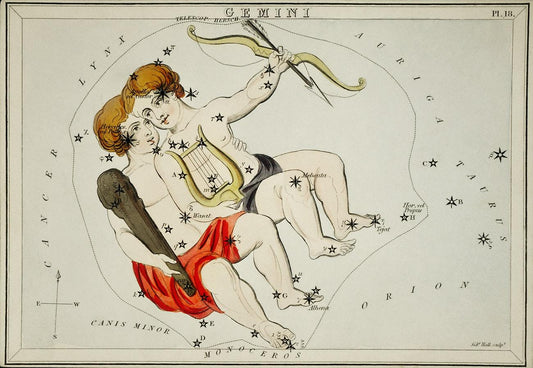 Sidney Hall’s (1831) astronomical chart illustration of the zodiac Gemini.