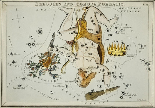 Sidney Hall’s (1831) astronomical chart illustration of the Hercules and the Corona Borealis