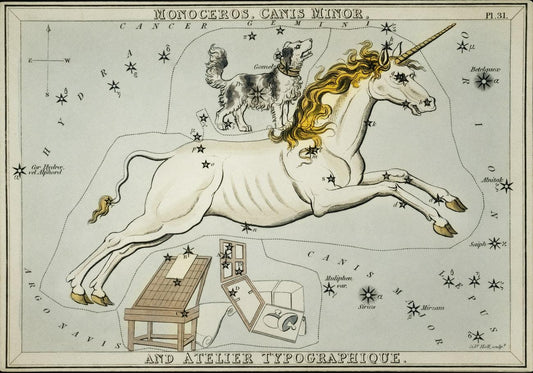 Sidney Hall’s (1831) astronomical chart illustration of the Monoceros, Canis Minor and the Atelier Typographique