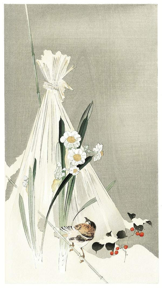 A bird with narcissus flowers and a hay bundle (1900-1930) by Ohara Koson