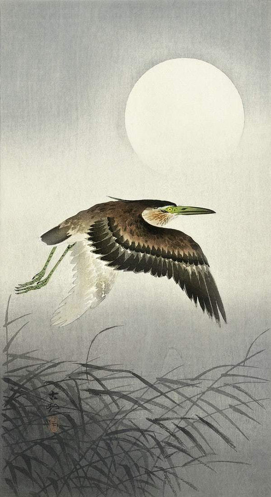 A Heron at full moon (1900 - 1930) by Ohara Koson