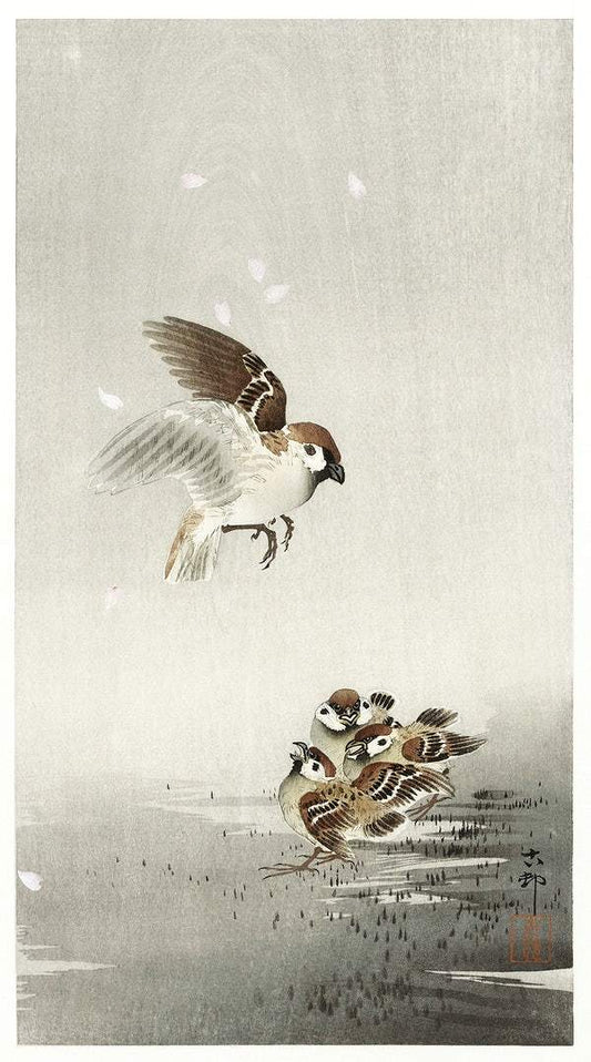 Tree sparrow with boy (1900 - 1936) by Ohara Koson