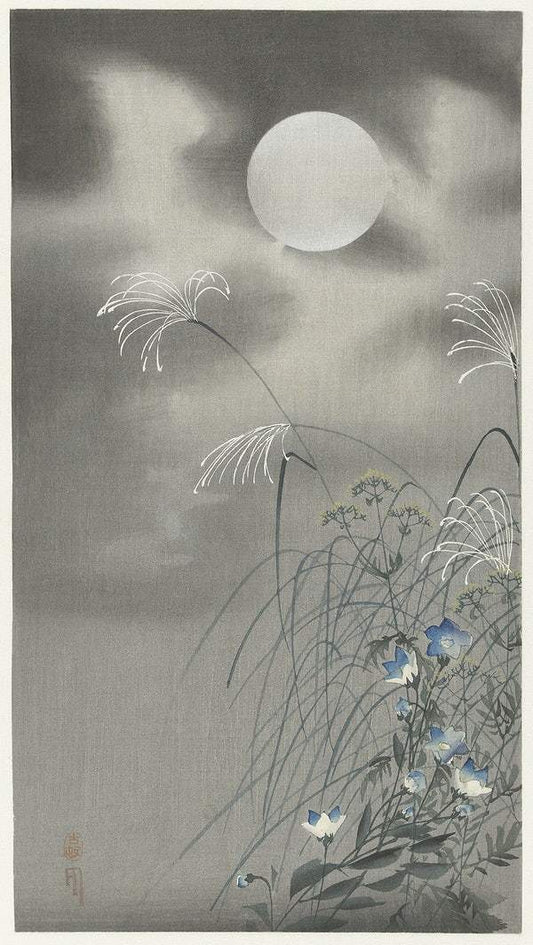 A Grass and flowers at full moon (1900 - 1930) by Ohara Koson