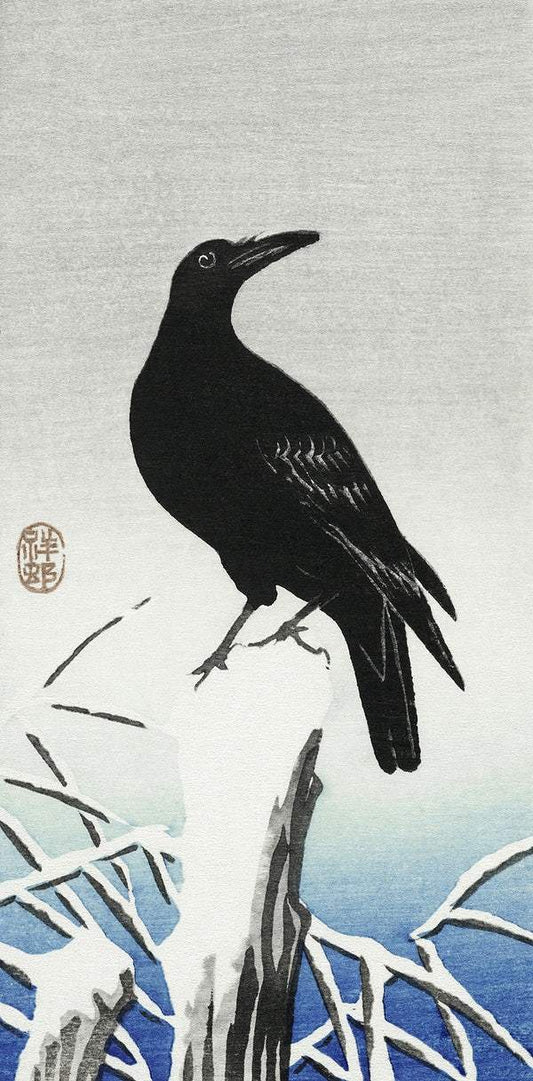 A Crow on snowy pole (1925 - 1936) by Ohara Koson