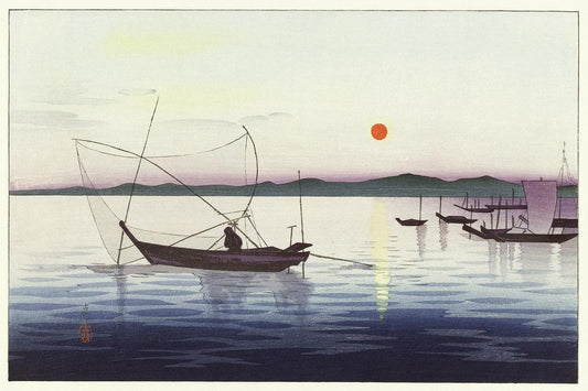 Boats and setting sun (1900 - 1936) by Ohara Koson