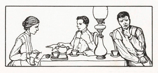 Three people in a dining room by Julie de Graag