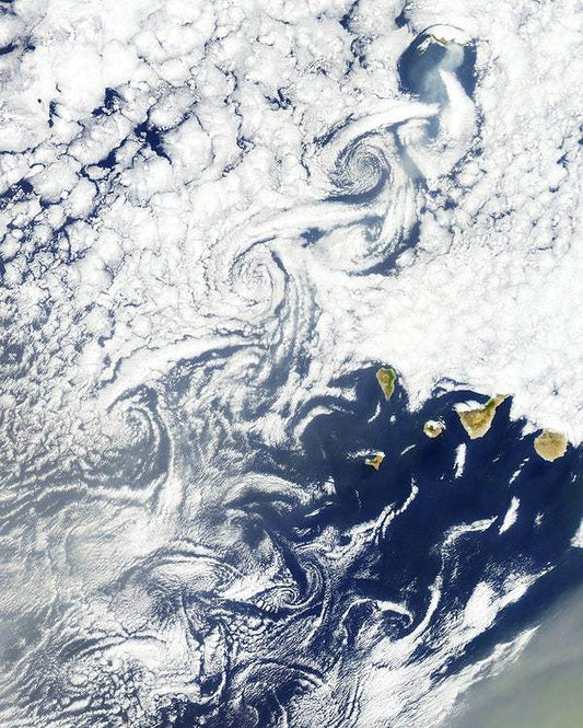 Cloud vortices off Madeira and Canary Islands by NASA