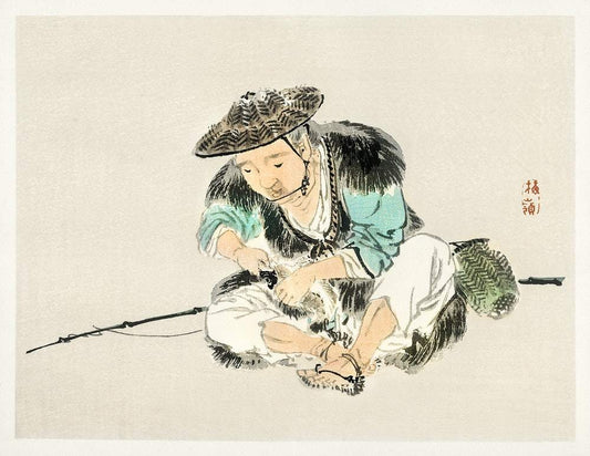 A Man maintaining a fishing rod by Kōno Bairei (1913)