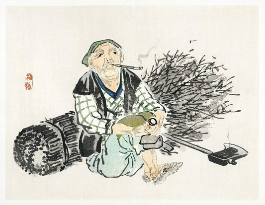 A Smoking farmer with branches by Kōno Bairei (1913)