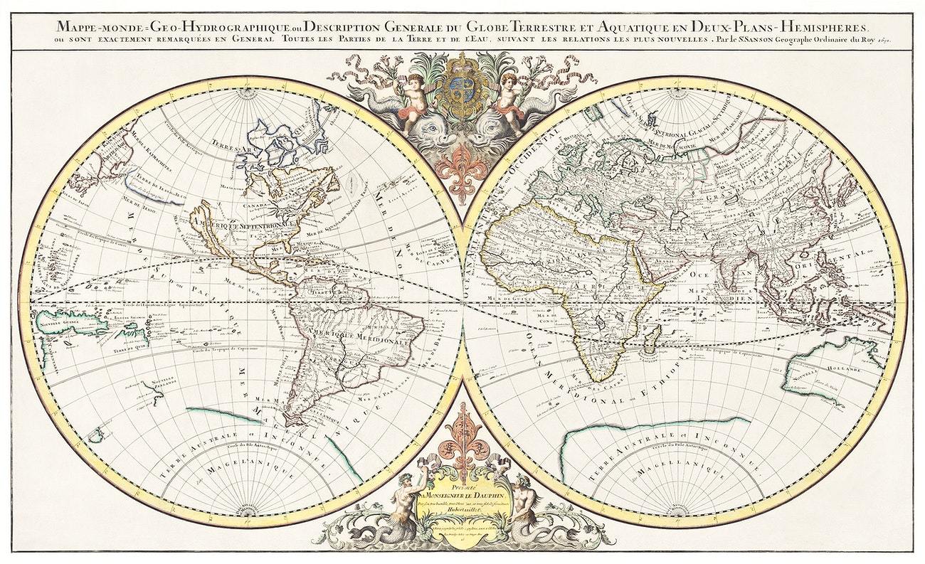 Description generale du globe terrestre et aquatique en deux-plans-hemispheres (1691)