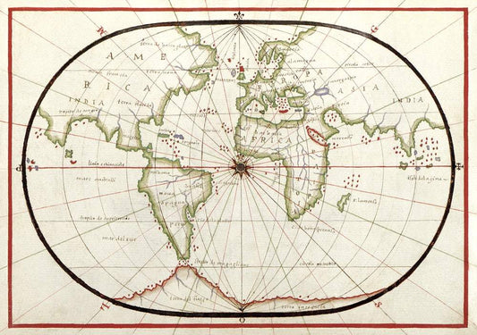 World map drawn on an oval projection (ca. 1590) by Joan Oliva