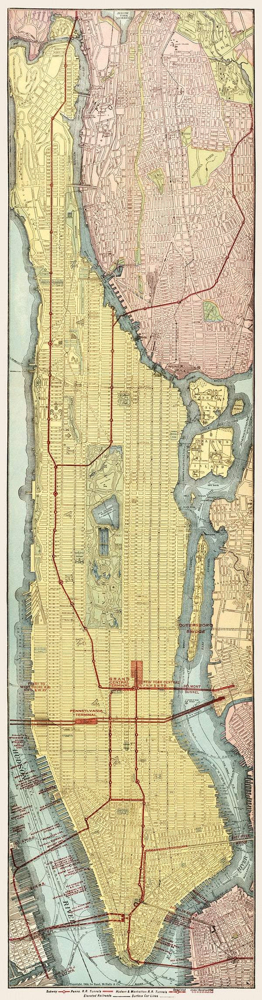 Rapid transit map of Manhattan and adjacent districts of New York City (1908) by Rand McNally and Company
